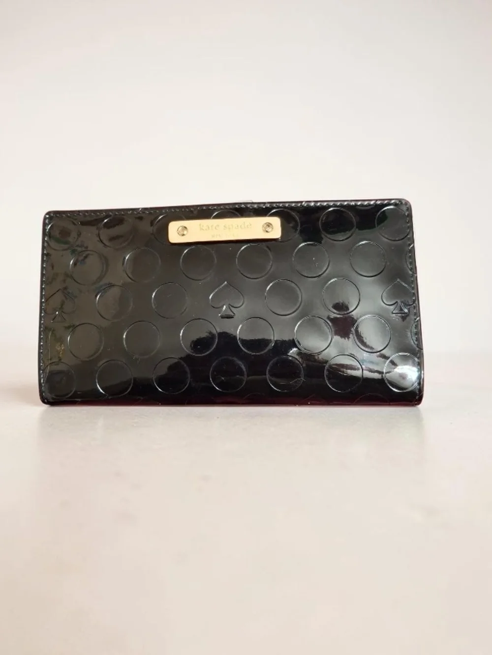 kate spade Black Patent Leather Dot Embossed Continental Slim Wallet